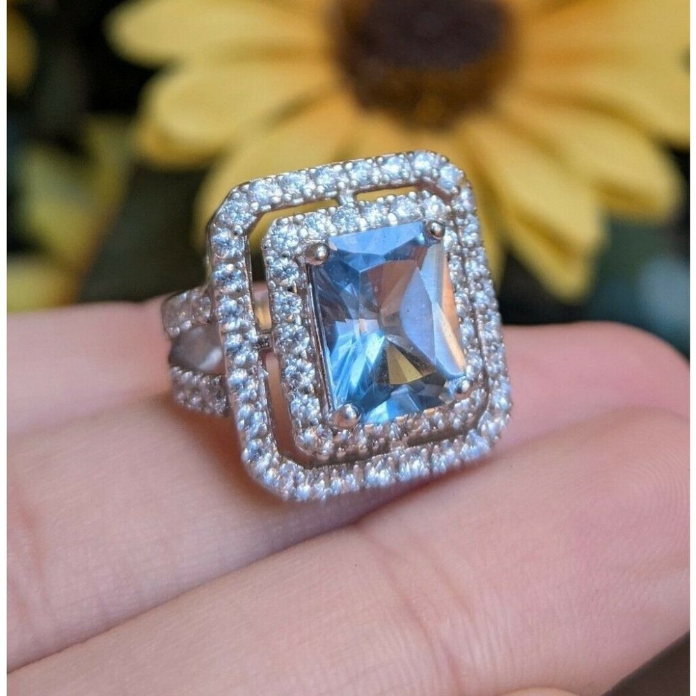 Sterling Silver Signed CJW 925 Light Blue Rectangle Clear Stone Ring Size 5